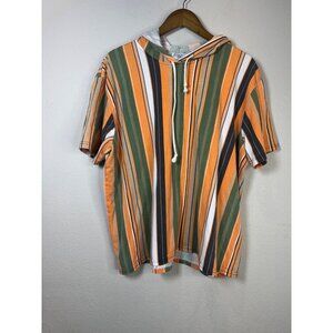 Striped Hooded Short Sleeve Shirt Drawstring Orange Green White Black XL 90s Hip